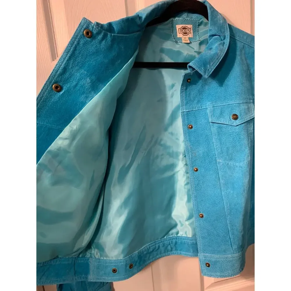 Vintage Rod's Womens Suede Jacket Size XL Turquoise Blue Slim Fit Runs Small